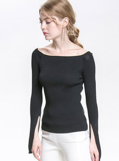 Fashionable Pure Color Slash Neck Flare Sleeve Slim Knitted Sweater