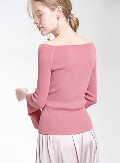  Pure Color Slash Neck Flare Sleeve Slim Knitted Sweater