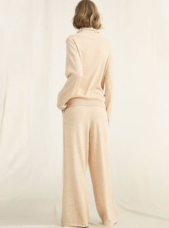 Casual Pure Color High Neck Knitted Sweater & Elastic Waist Wide Leg Pants