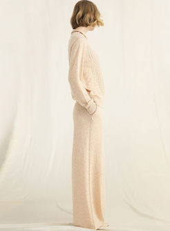 Casual Pure Color High Neck Knitted Sweater & Elastic Waist Wide Leg Pants
