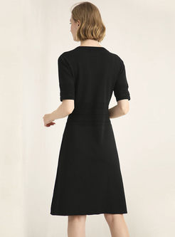 OL Pure Color Gathered Waist O-Neck Slim Knitted Dress