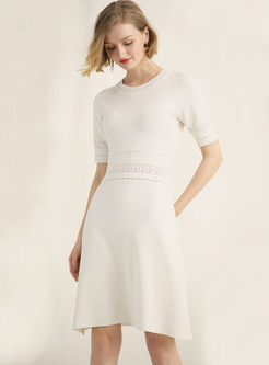 OL Pure Color Gathered Waist O-Neck Slim Knitted Dress