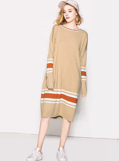 Striped Splicing O-neck Long Sleeve Knitted Shift Dress