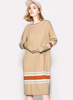 Striped Splicing O-neck Long Sleeve Knitted Shift Dress