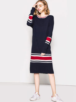 Color-blocked O-neck Long Sleeve Knitted Shift Dress