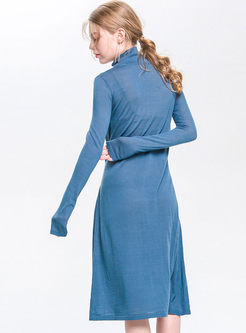 Solid Color High Neck Belted Hem Knitted Dress