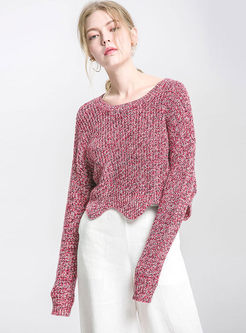 Hit Color O-neck Asymmetric Hem Knitted Sweater