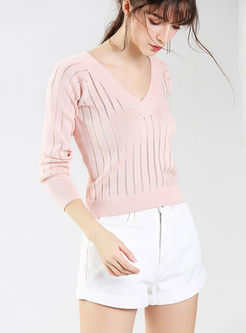 Sexy Striped Hollow Out V-neck Knitted Sweater