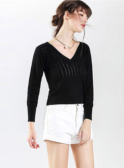 Chic Striped Hollow Out V-neck Slim Sweater