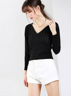 Chic Striped Hollow Out V-neck Slim Sweater