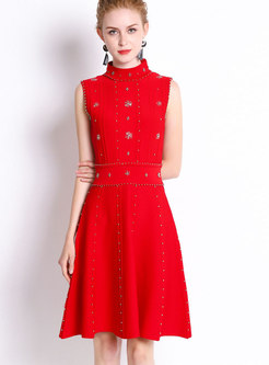 Red Sleeveless Cut-back Beaded Knitted Skater Dress 