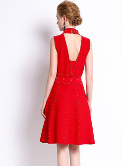 Red Sleeveless Cut-back Beaded Knitted Skater Dress 
