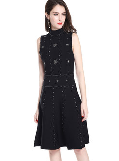 Black Sleeveless Backless Beaded Knitted Dress 