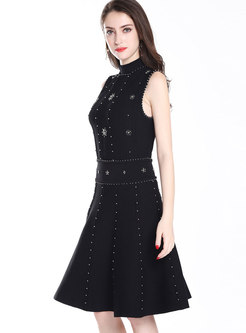 Black Sleeveless Backless Beaded Knitted Dress 