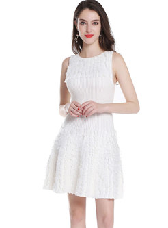 White Ruffle High Waisted Knitted Dress & Short Coat
