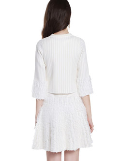 White Ruffle High Waisted Knitted Dress & Short Coat