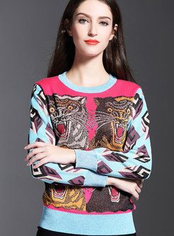 Stylish O-neck Animal Pattern Knitted Sweater