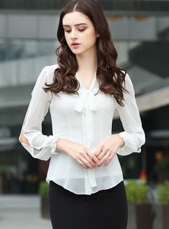 Trendy V-neck Tied Long Sleeve Hollow Out Blouse