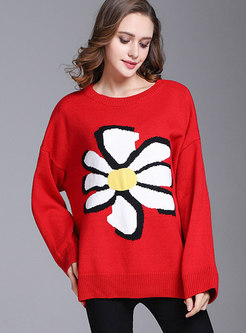 Red Floral Pattern Batwing Sleeve Sweater