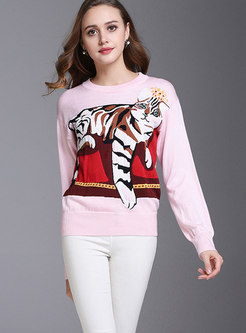 Sweet Pink Crew-neck Wool Knitted Sweater With Animal Pattern