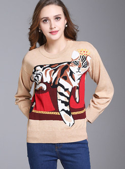 Khaki Crew-neck Wool Knitted Sweater With Animal Pattern
