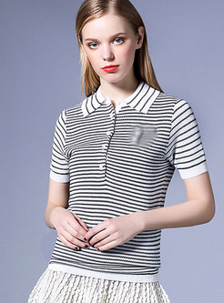 Turn-down Collar Short Sleeve Top With Sequined Epaulettes