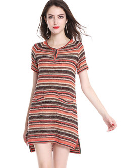 Contrast-color Red Striped Short Sleeve Knitted Dress