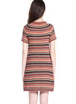 Contrast-color Red Striped Short Sleeve Knitted Dress