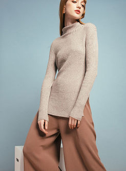 Pure Color High Neck Slim Slit Knitted Sweater