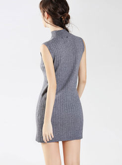  High Neck Sleeveless Slim Knitted Mini Dress
