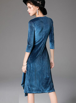 Autumn V-neck Light Blue High Waist Asymmetric Hem Dress