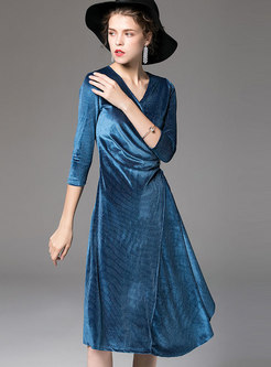 Autumn V-neck Light Blue High Waist Asymmetric Hem Dress