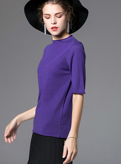 Casual Purple Crew-neck Short Sleeve Wool T-Shirt