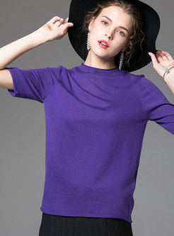Casual Purple Crew-neck Short Sleeve Wool T-Shirt