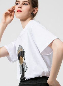 White Casual Cotton O-neck Sequined Loose T-Shirt