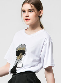 White Casual Cotton O-neck Sequined Loose T-Shirt