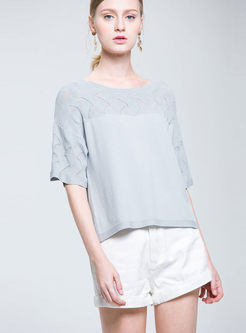 Grey Hollow Out Half Sleeve Knitted Top