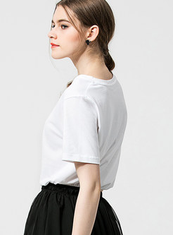 O-neck Short Sleeve Dog Print Pullover Cotton T-Shirt
