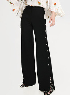 Black High Waist Wide Leg Pants With Pearl Decoration