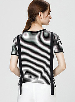 Fashion O-neck Striped Patchwork Tape Knitted T-Shirt