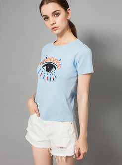 Light Blue Big Eye Print Ice Silk Knitted T-Shirt