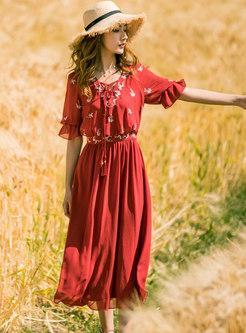 Ethnic Vintage Red Embroidered Chiffon Maxi Dress