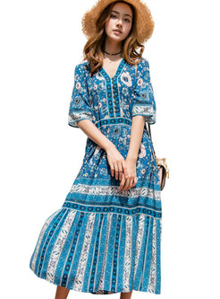 Ethnic Blue Half Sleeve Printed Big Hem Beach Dress