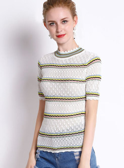 Casual Rainbow Striped Hollow Out Knitted T-Shirt 
