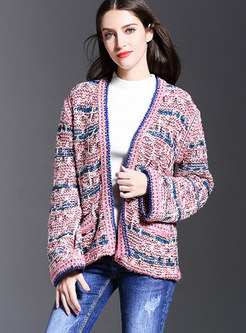 V-neck Color-blocked Striped Sweater Coat