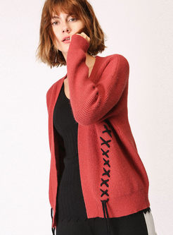 Red Casual V-neck Tied Cardigan