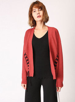 Red Casual V-neck Tied Cardigan