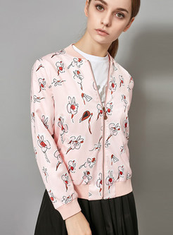 Pink Zip-up Zippered Print Slim Short Jacket