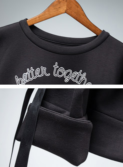 Black O-neck Loose Print Tied Sweatshirt 