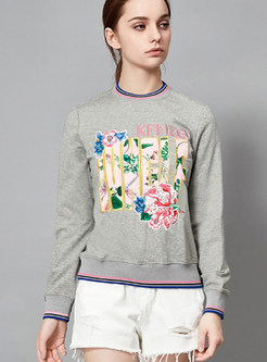 Grey Stylish Multicolor Hem Print Sweatshirt